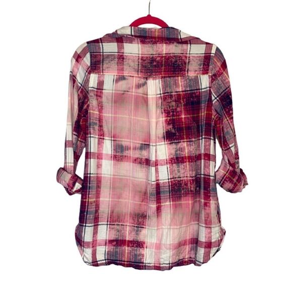 Upcycled Pink and Navy Distressed Bleach Splatter Plaid Button Down Shirt - Picture 2 of 6